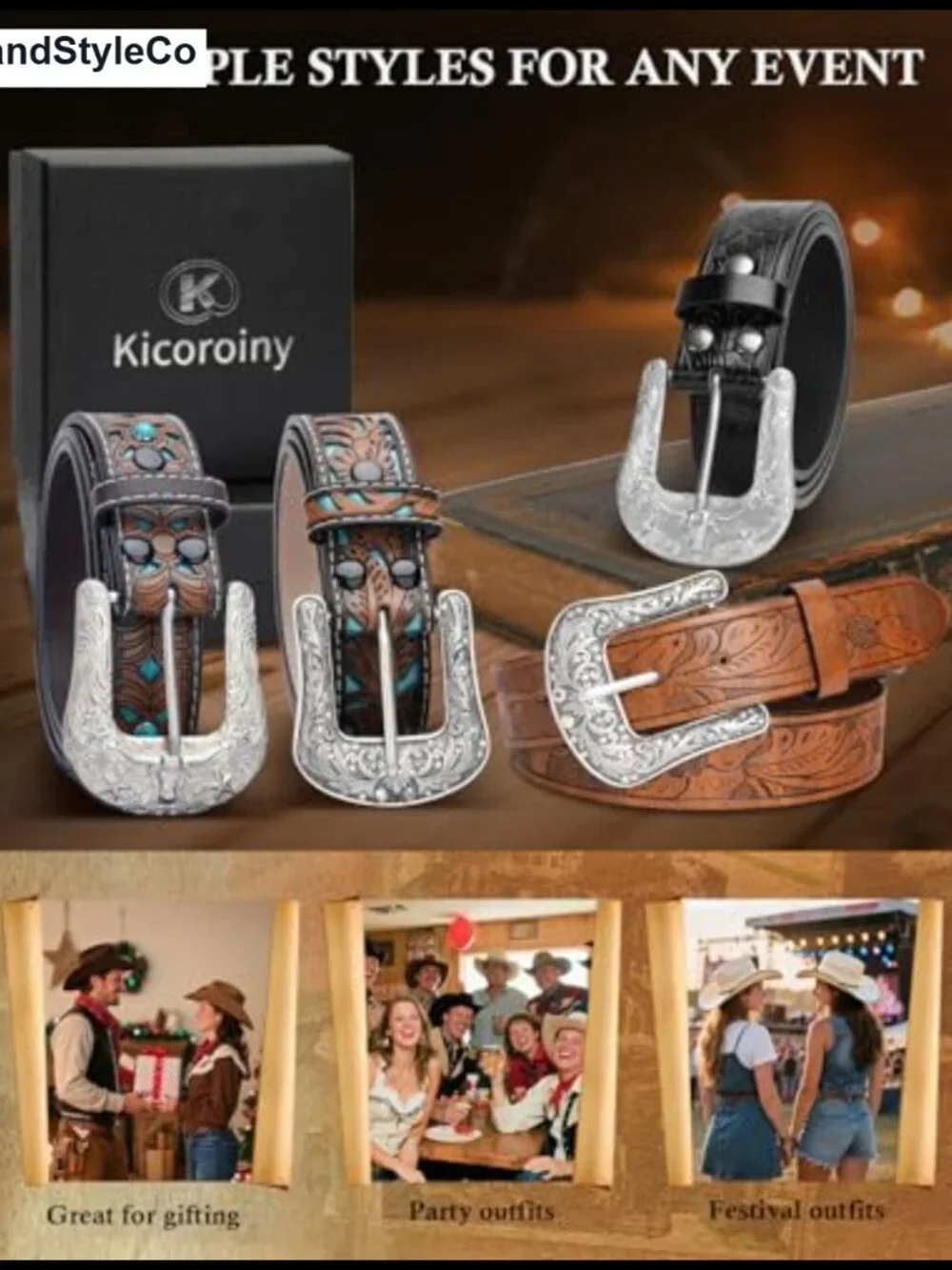Western Belt Faux Leather Rhinestone Carved Buckle Women Men Cowgirl